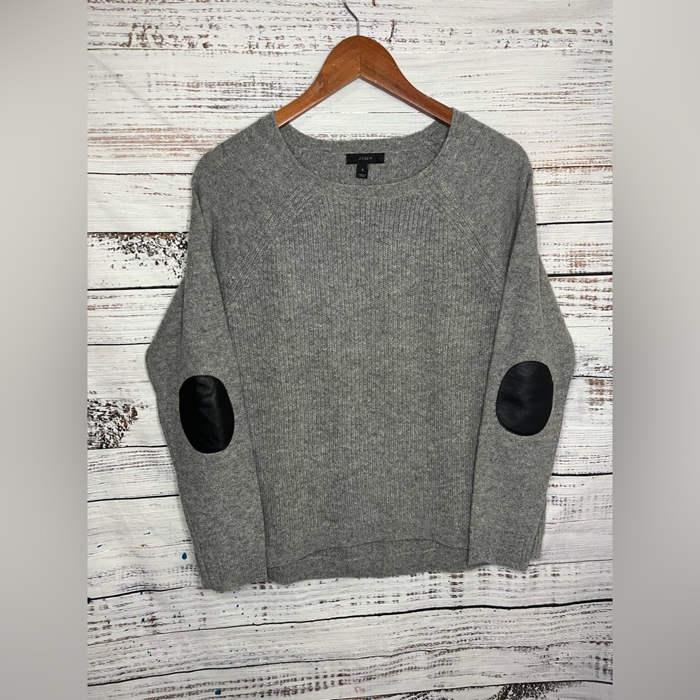 J. Crew Women's Small Grey 100% Wool Pullover Sweater Leather Elbow Patch Trim